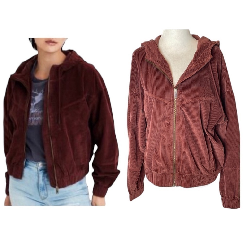 America Eagle Corduroy Women’s Cropped Jacket Size Large Brown Hoodie